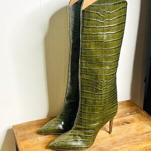 SCHUTZ Brand New Maryana Pointed Toe Boot In Military Green Womens 7.5 Crocodile